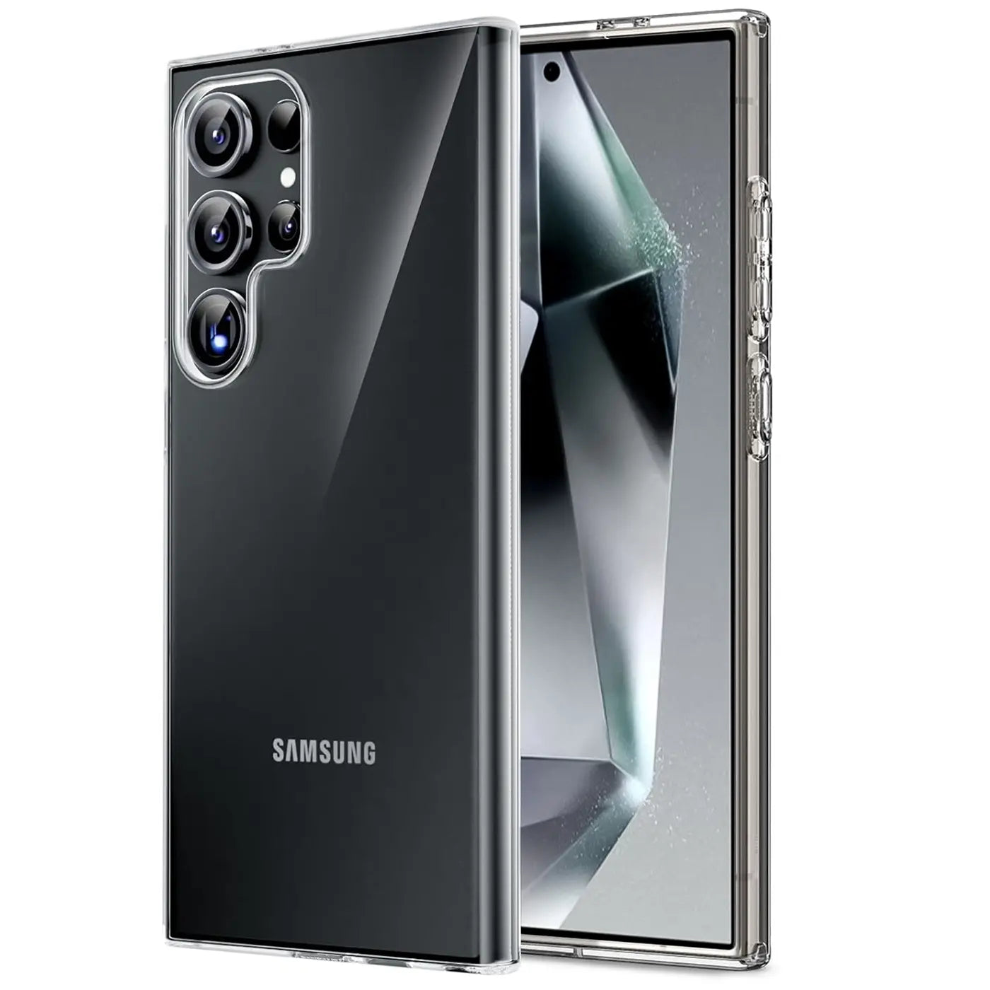 Samsung Galaxy S24 Ultra in transparentem Slim Case, Rückseite und Vorderseite, Nahaufnahme