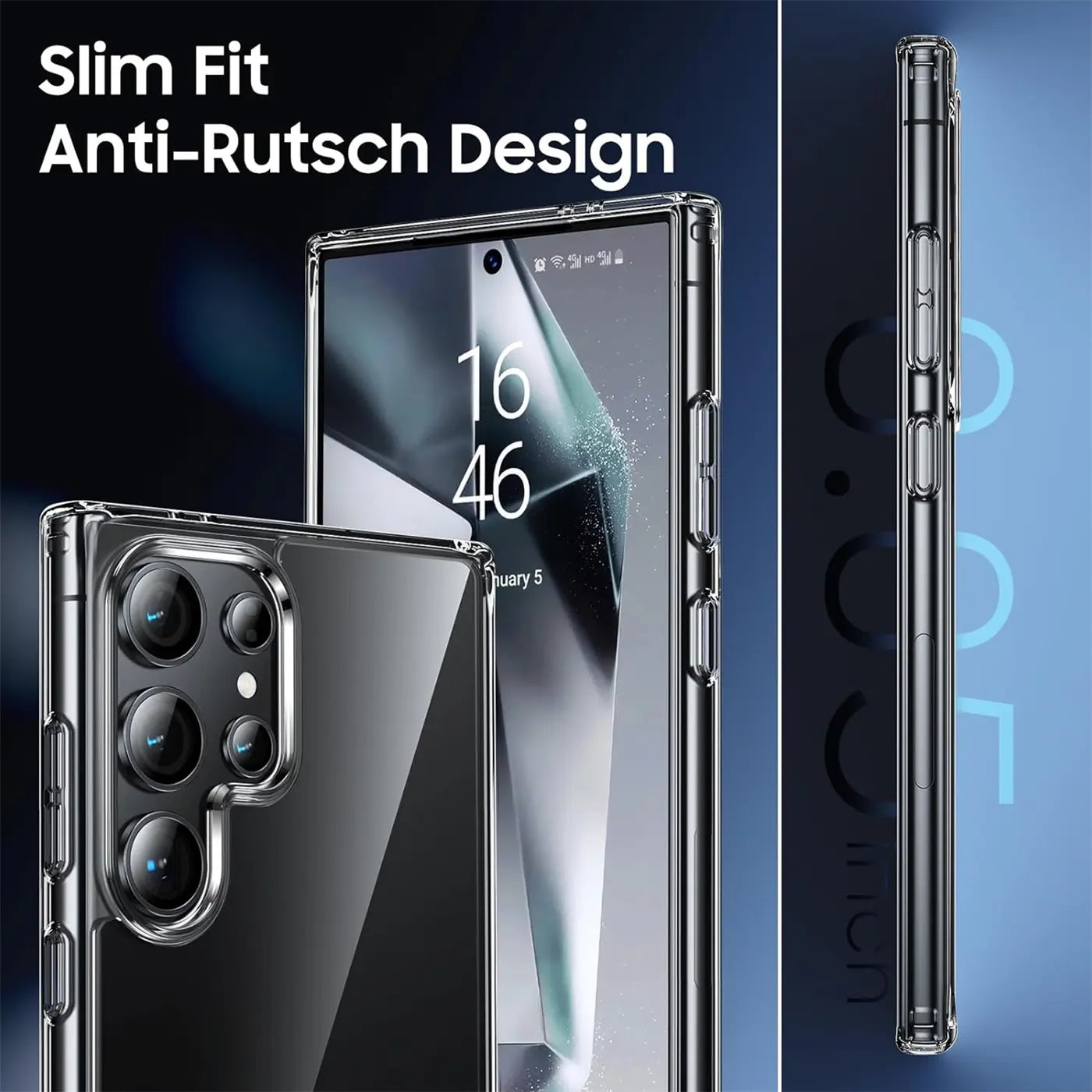Klar, durchsichtiges Slim-Case aus Kunststoff für Samsung Galaxy S24 Ultra, Rückansicht und Seitenansicht.