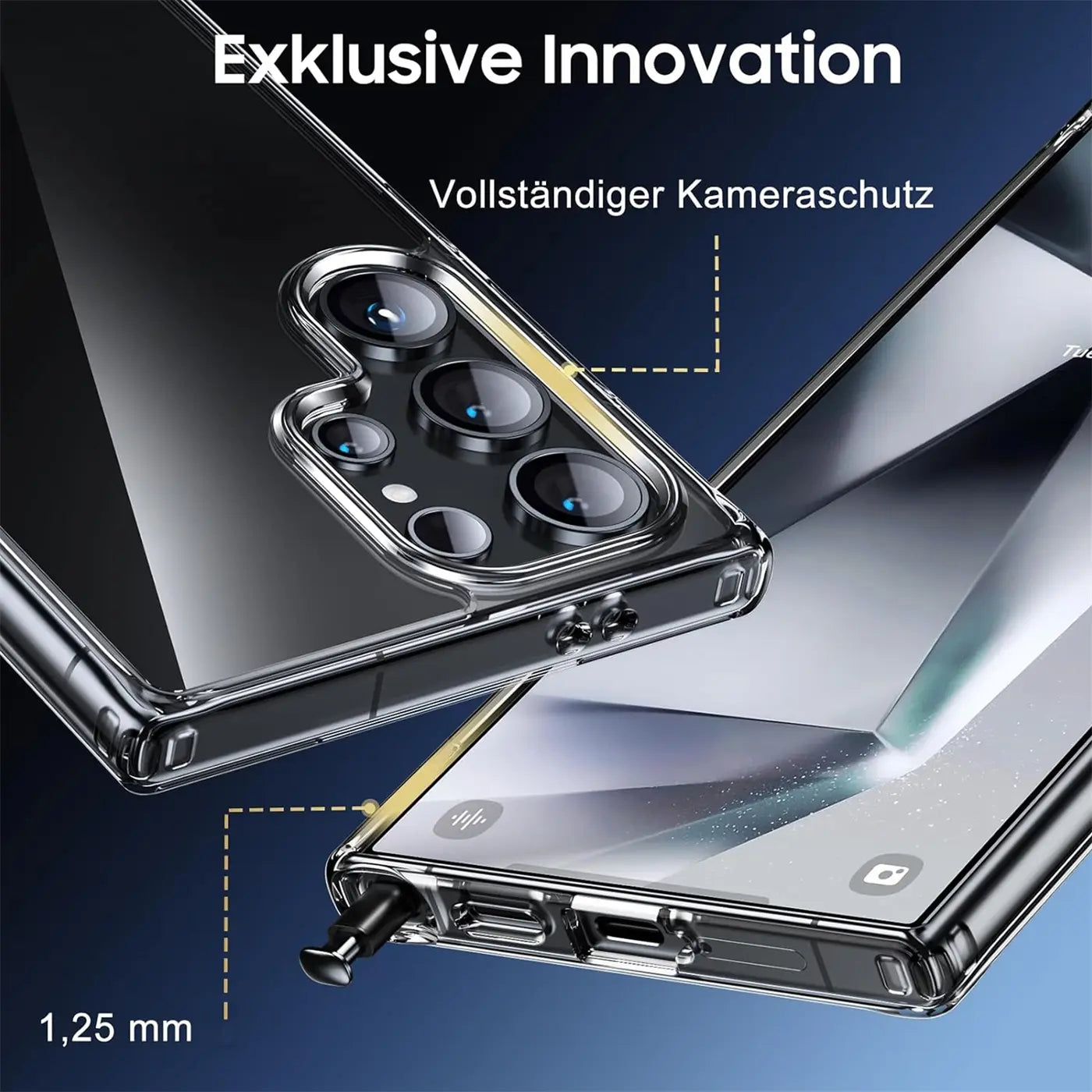 Klares Slim Case aus Kunststoff für Samsung Galaxy S24 Ultra, Nahaufnahme der Kamera und des unteren Randes.