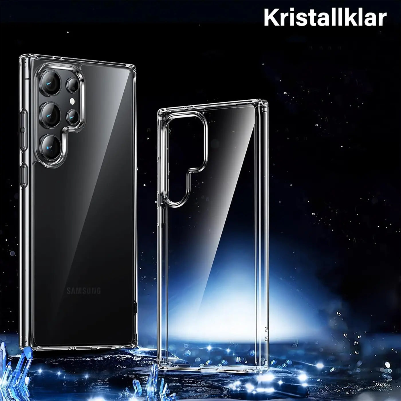 Samsung Galaxy S24 Ultra mit transparentem Case, von vorne/hinten, aus Kunststoff.