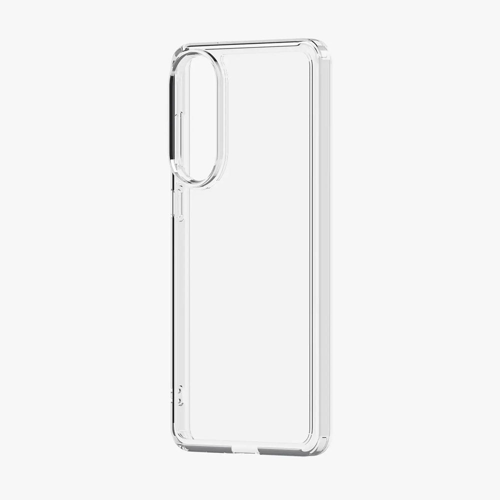 Klar, transparentes Handyhülle aus Kunststoff, Seitenansicht, für Samsung Galaxy S25 Edge.