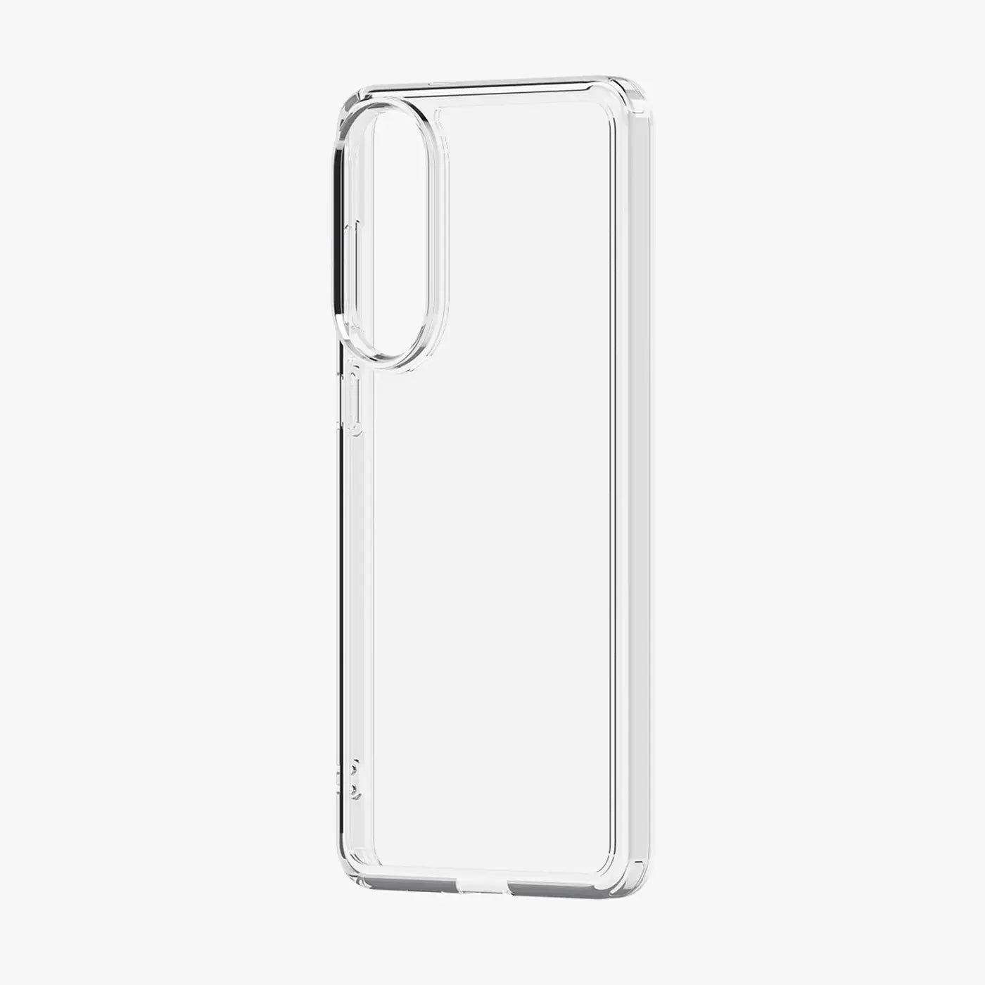 Klar, transparentes Handyhülle aus Kunststoff, Seitenansicht, für Samsung Galaxy S25 Edge.