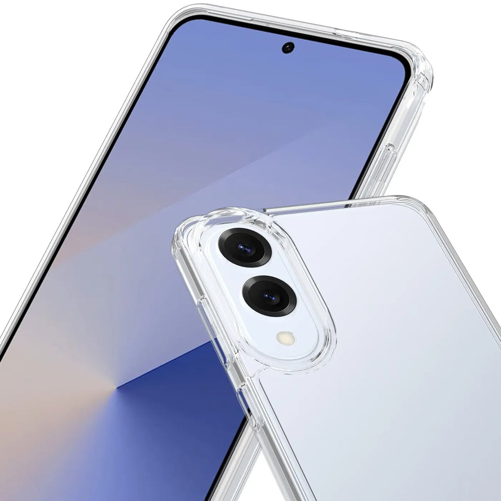 Klares Handyhülle aus Kunststoff, Nahaufnahme der Rückseite und Vorderseite eines Smartphones, von oben.