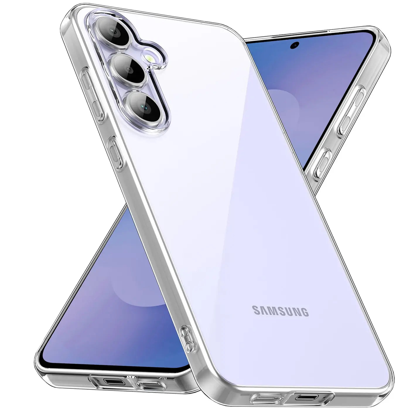 Klar, transparentes Handyhülle aus Kunststoff, von schräg hinten, zeigt Samsung Galaxy S25 FE.