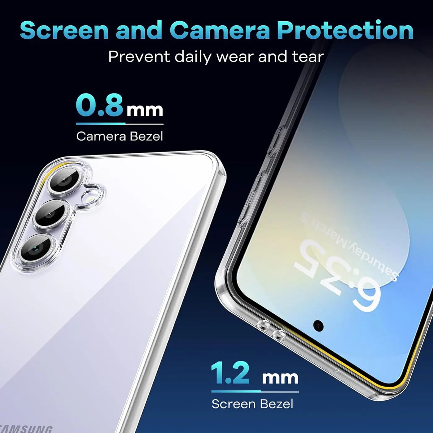 Klar, transparentes Handy-Case mit Kamera- und Bildschirmrand-Details, zeigt Samsung Galaxy S25 FE.