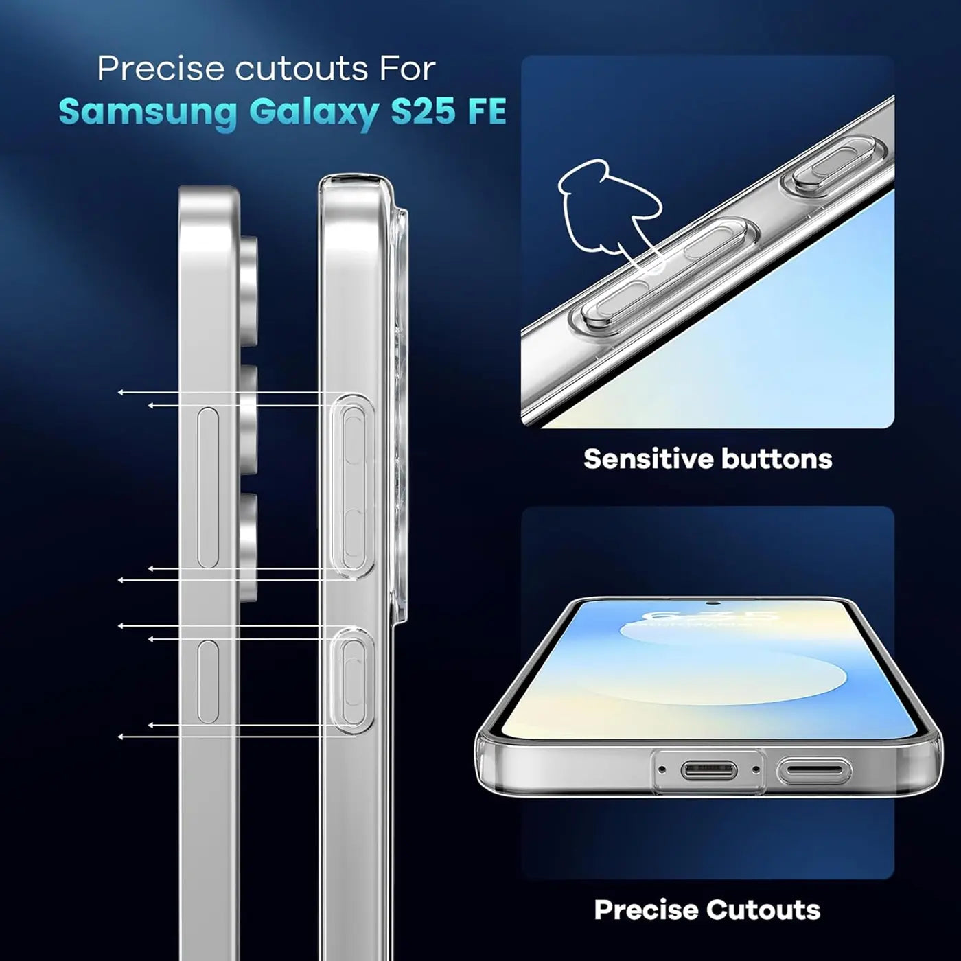 Transparente Hülle aus Kunststoff, Seitenansicht, zeigt Samsung Galaxy S25 FE mit präzisen Aussparungen und Tasten.