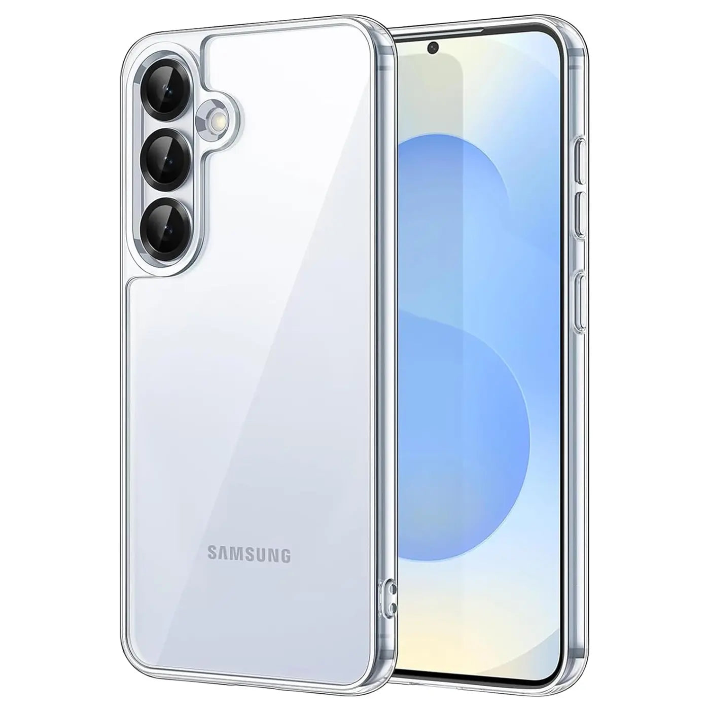 Klar, transparentes Slim Case mit silbernem Rahmen umgibt ein Samsung S25.