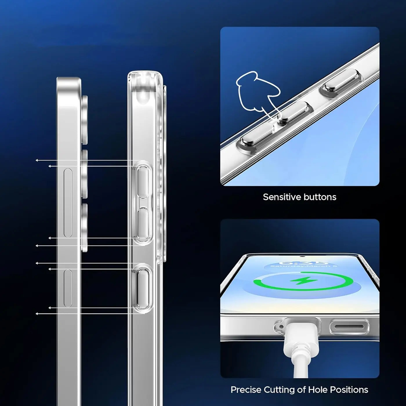 Klares, schlankes Handyhülle aus Kunststoff, Seitenansicht, zeigt Samsung S25 mit Ladeanschluss.