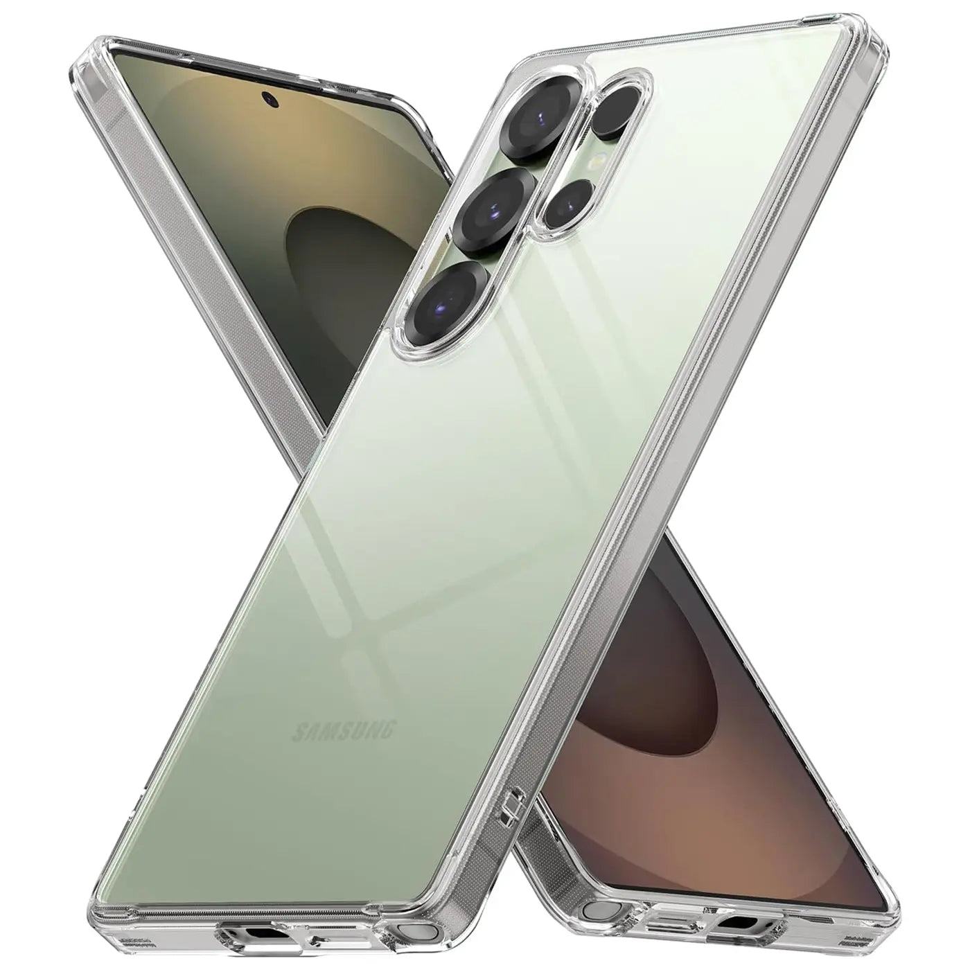 Klar, transparentes Slim Case aus Kunststoff, von schräg hinten, zeigt Samsung Galaxy S25 Ultra