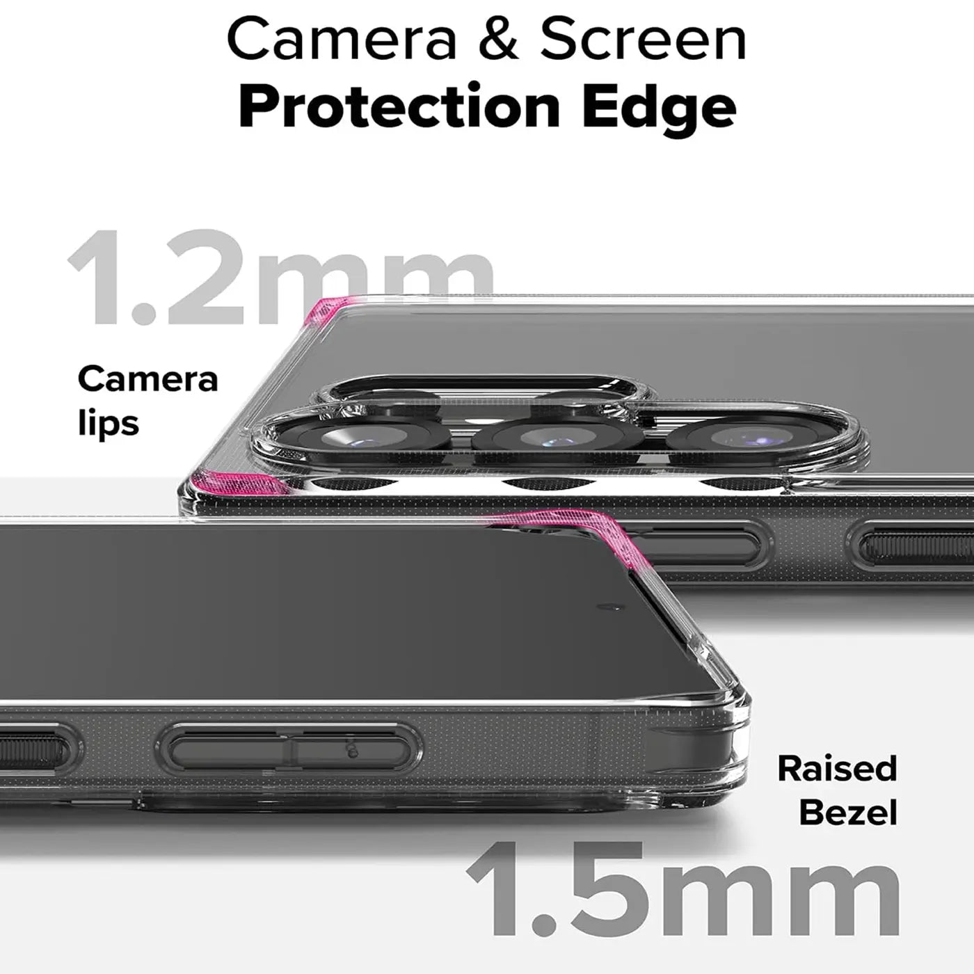 Transparente Hülle mit pinken Akzenten auf einem Samsung Galaxy S25 Ultra, Nahaufnahme der Kanten.