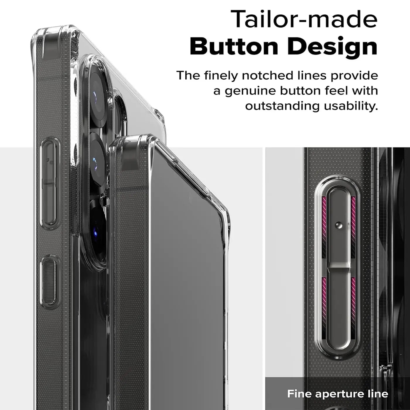 Transparente Hülle aus Kunststoff, Nahaufnahme der Seite eines Smartphones, Fokus auf Tasten.