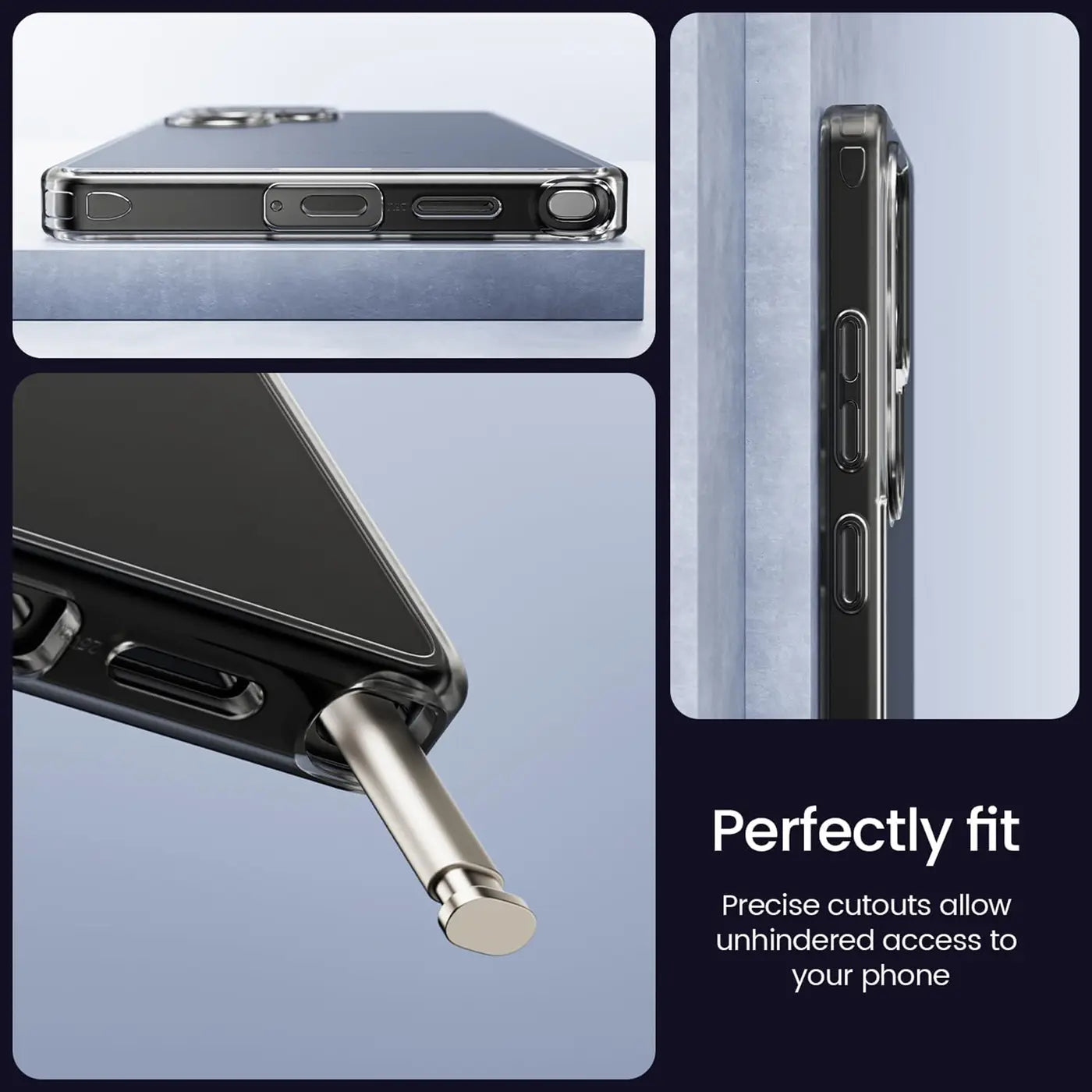 Transparente Hülle aus Kunststoff, Nahaufnahme der Unterseite eines Samsung Galaxy S25 Ultra mit Anschluss.