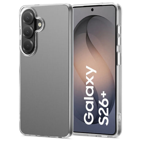 Klarer Schutzcase aus Kunststoff, zeigt Rückseite und Vorderseite eines Samsung Galaxy S26 Plus.