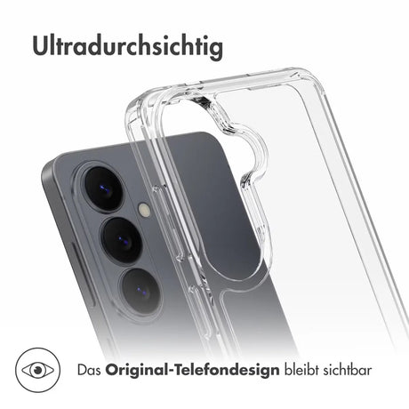 Klar transparente Handyhülle aus Kunststoff, von schräg hinten, zeigt Rückseite eines Smartphones.