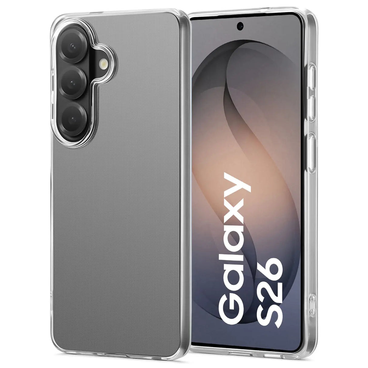 Klar, transparentes Case aus Kunststoff, seitliche Ansicht, zeigt Samsung Galaxy S26.