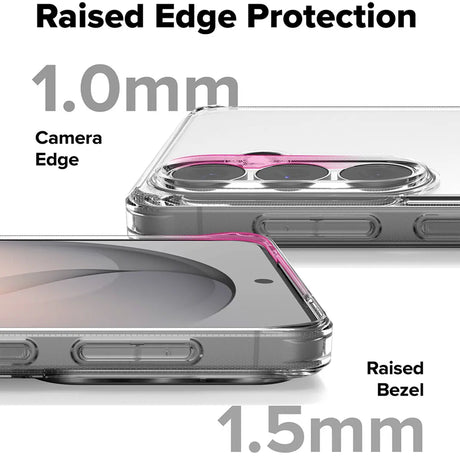 Klarer Handyhülle mit pinkem Rand, zeigt erhöhte Kanten (1.0mm Kamera, 1.5mm Display).