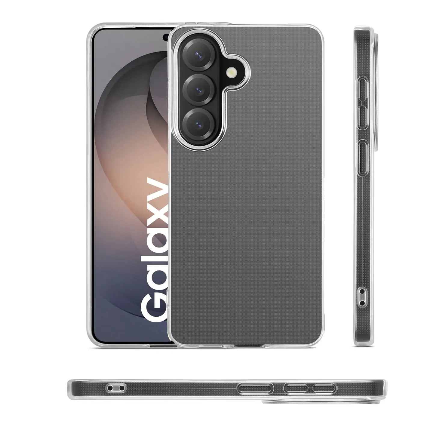 Transparentes Silikon-Case auf Samsung Galaxy S26, verschiedene Ansichten.
