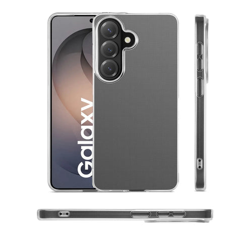 Transparentes Silikon-Case auf Samsung Galaxy S26, verschiedene Ansichten.