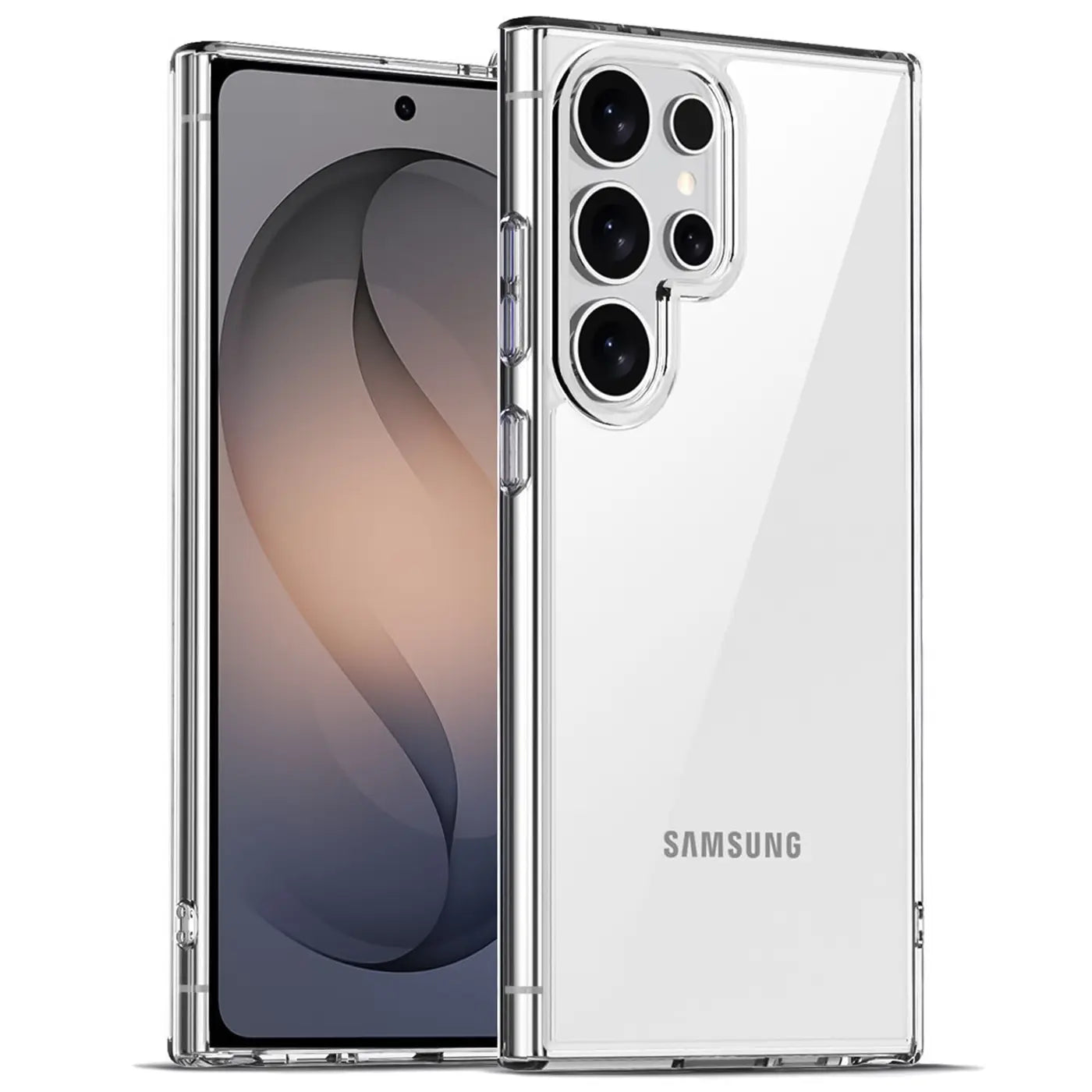 Klares Slim Case aus Kunststoff für Samsung Galaxy S26 Ultra, Rückansicht mit Kameras, Frontansicht.