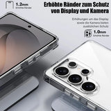 Klares Handy-Case aus Kunststoff, Nahaufnahme der erhöhten Ränder zum Schutz von Display und Kamera eines Samsung Galaxy S26.