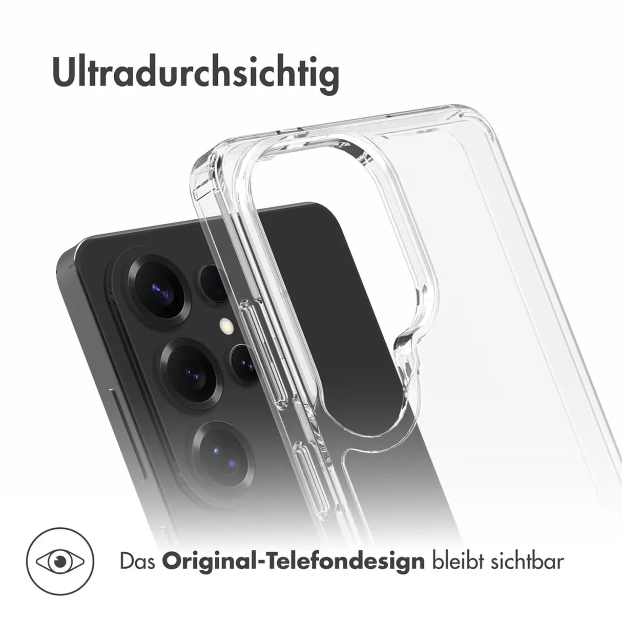 Klar transparente Handyhülle aus Kunststoff, Nahaufnahme, Samsung S26 Ultra sichtbar