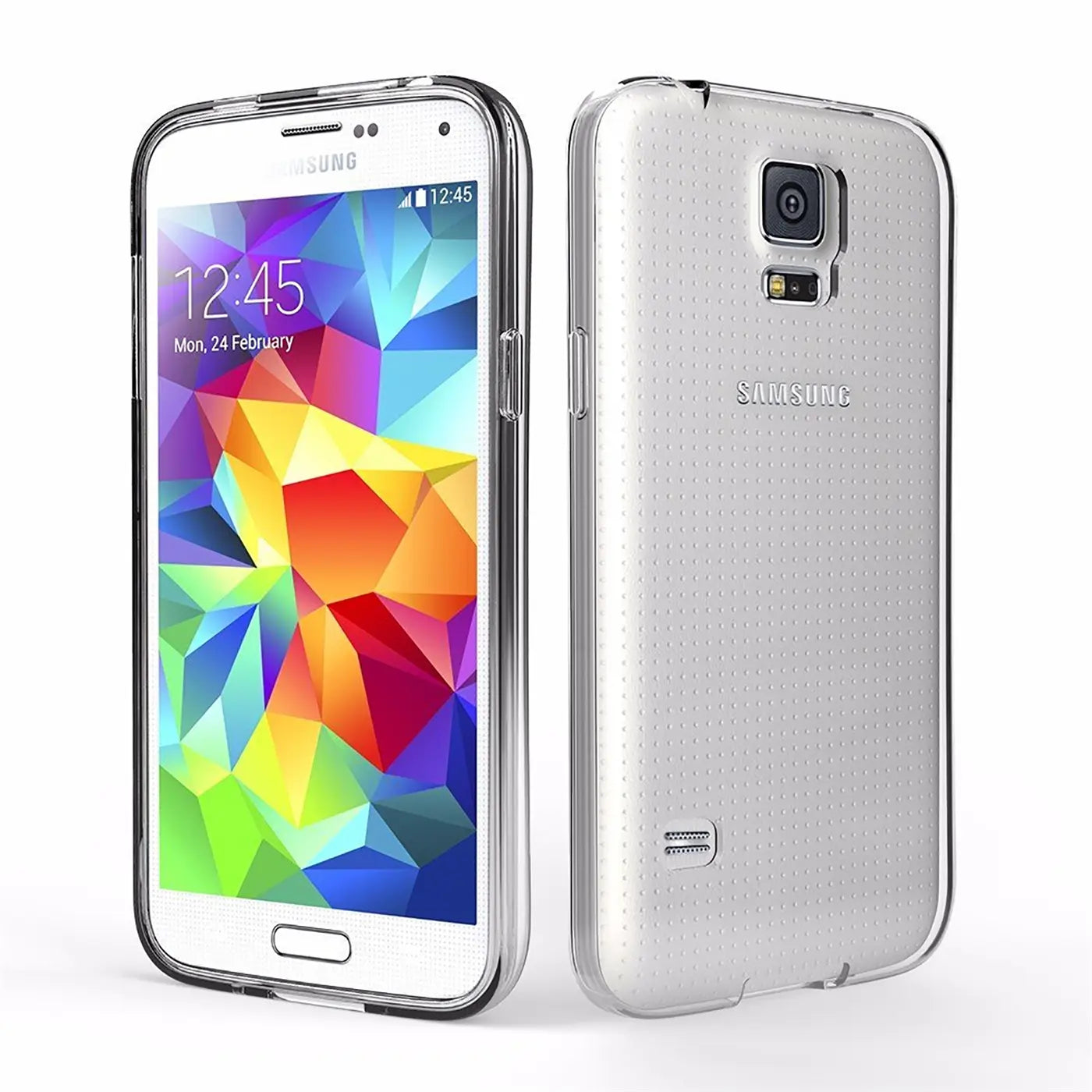 Samsung Galaxy S5/S5 Neo in klarem Kunststoff-Case, Vorder- und Rückansicht.