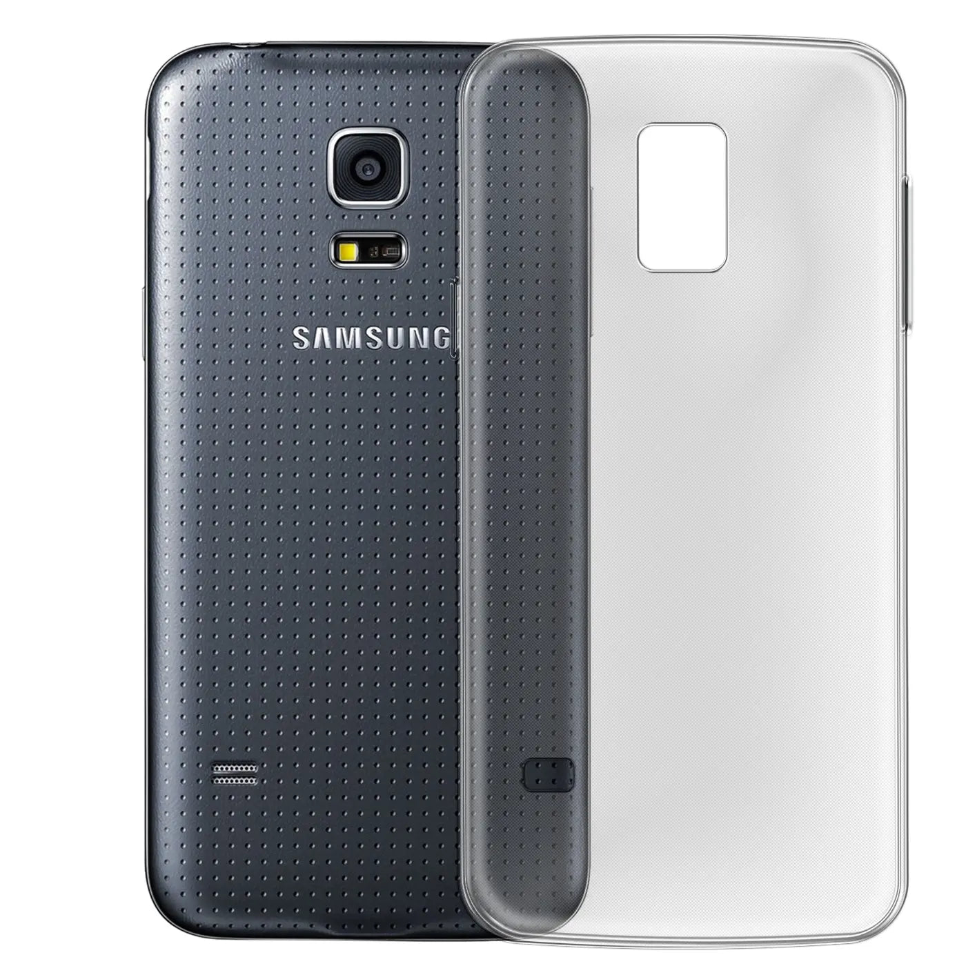Samsung Galaxy S5/S5 Neo: Dunkelgraues Handy neben transparentem Silikon-Case.