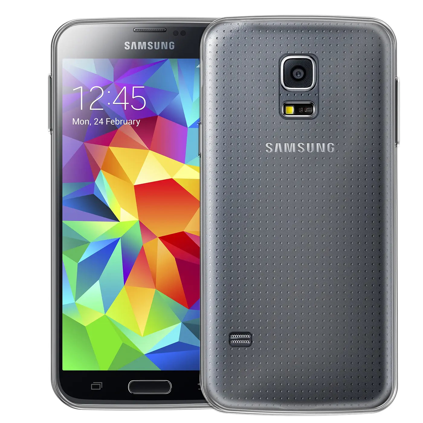 Graues Samsung Galaxy S5/S5 Neo mit transparentem Slim Case, Vorder- und Rückansicht.