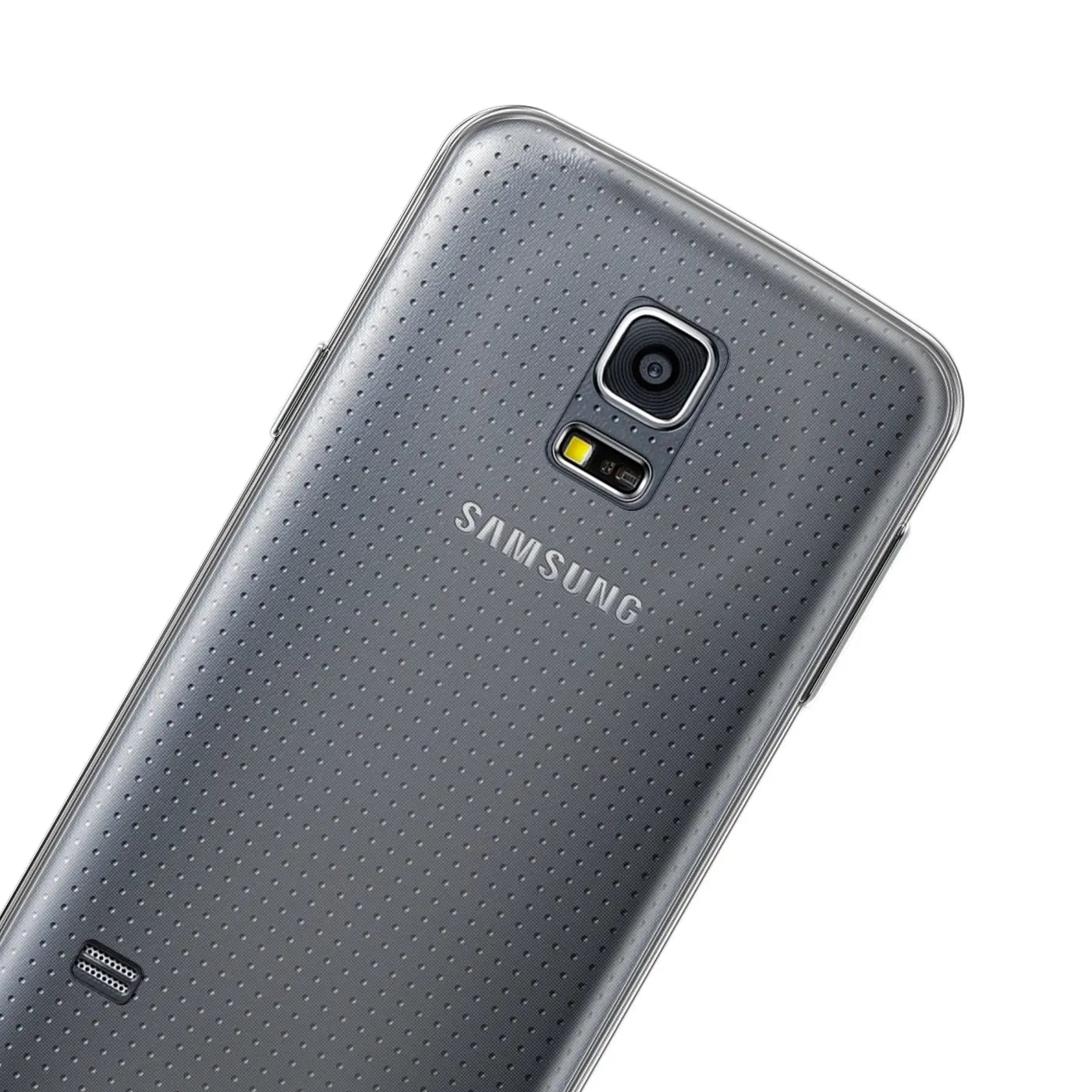 Samsung Galaxy S5/S5 Neo mit transparentem Slim Case, Rückansicht, Nahaufnahme.