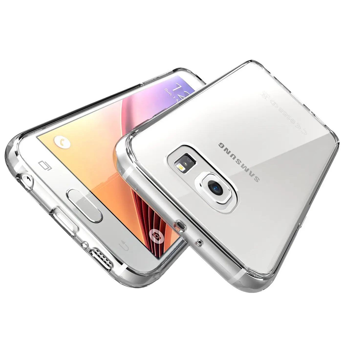 Samsung Galaxy S6 Edge in klarem Kunststoffgehäuse, Vorder- und Rückansicht