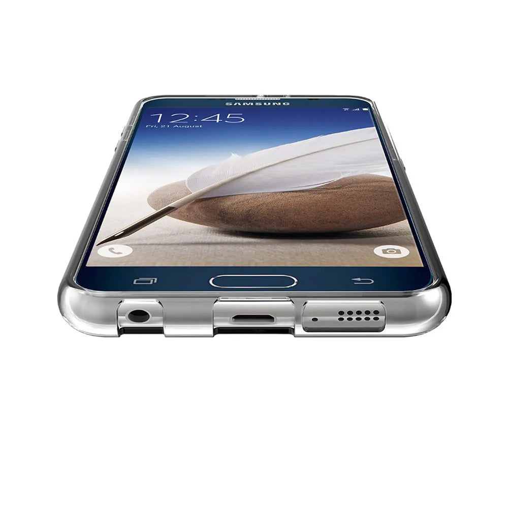 Samsung Galaxy S6 Edge in transparentem Slim Case, von unten fotografiert.