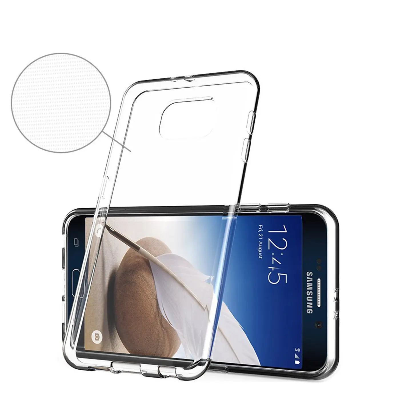 Klarer, transparenter Handyhülle aus Kunststoff, seitliche Ansicht, auf Samsung Galaxy S6.
