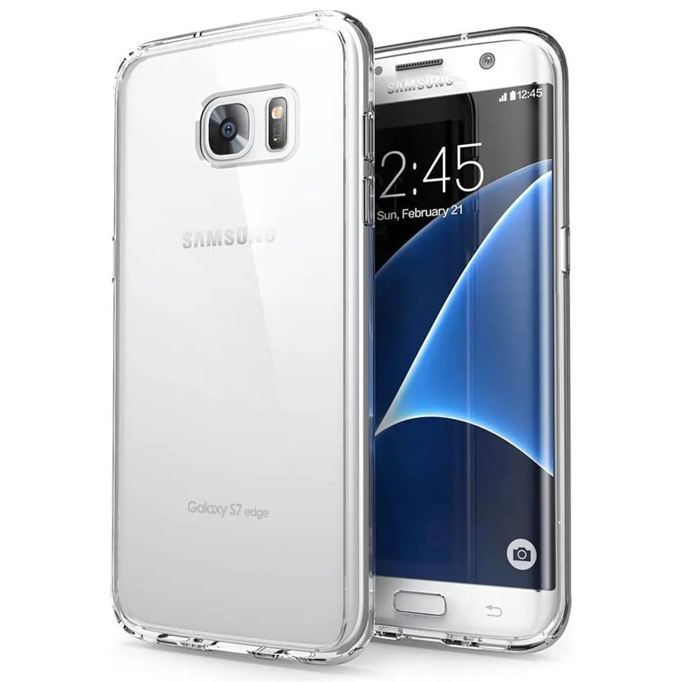 Klares Samsung Galaxy S7 Edge Handy in durchsichtiger Hülle, von vorne und hinten gezeigt.