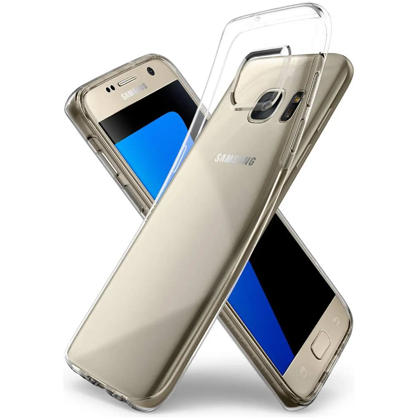 Zwei goldene Samsung Galaxy S7 Smartphones mit transparentem Slim Case, von vorne und hinten gezeigt.
