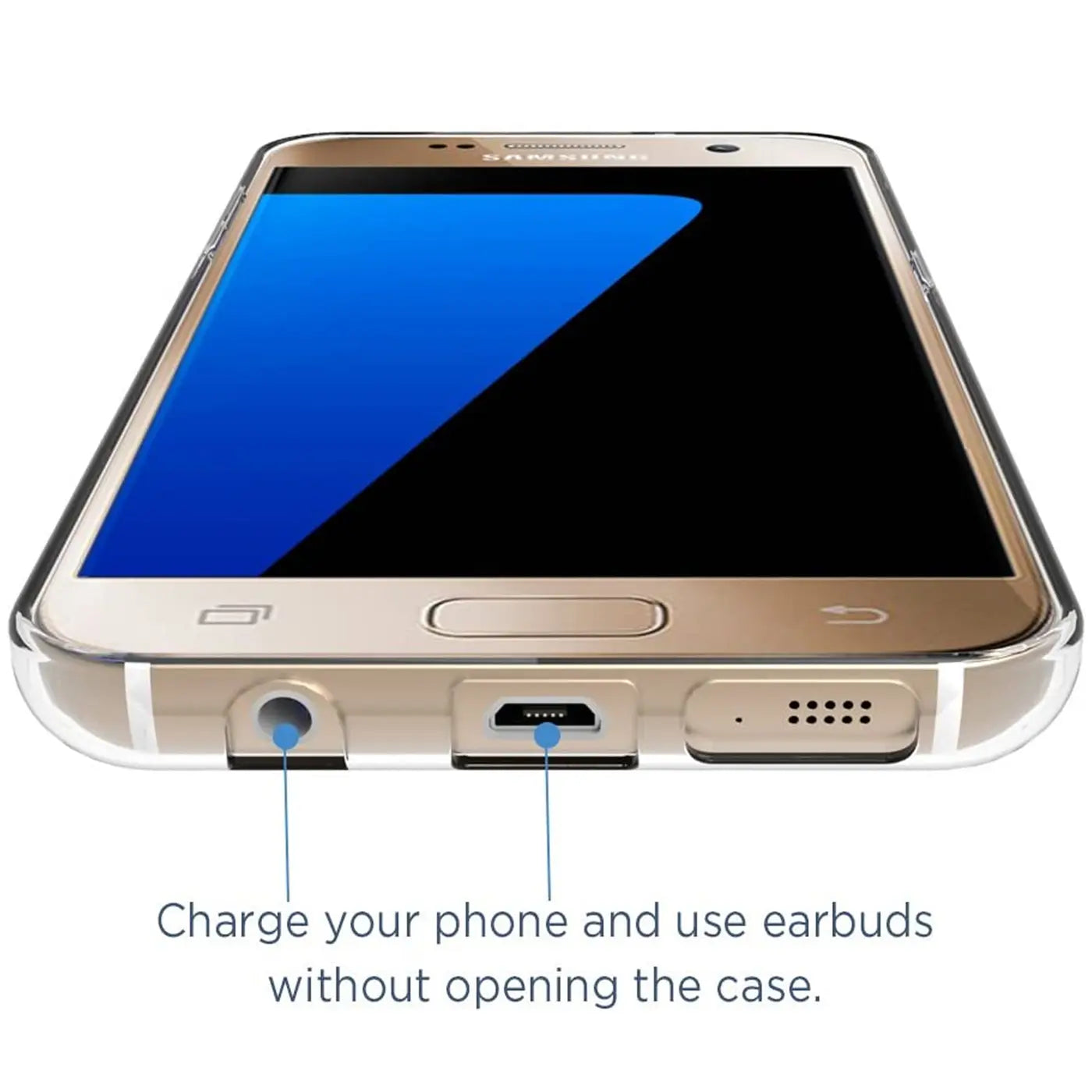 Samsung Galaxy S7 in transparentem Case, Unteransicht, Gold