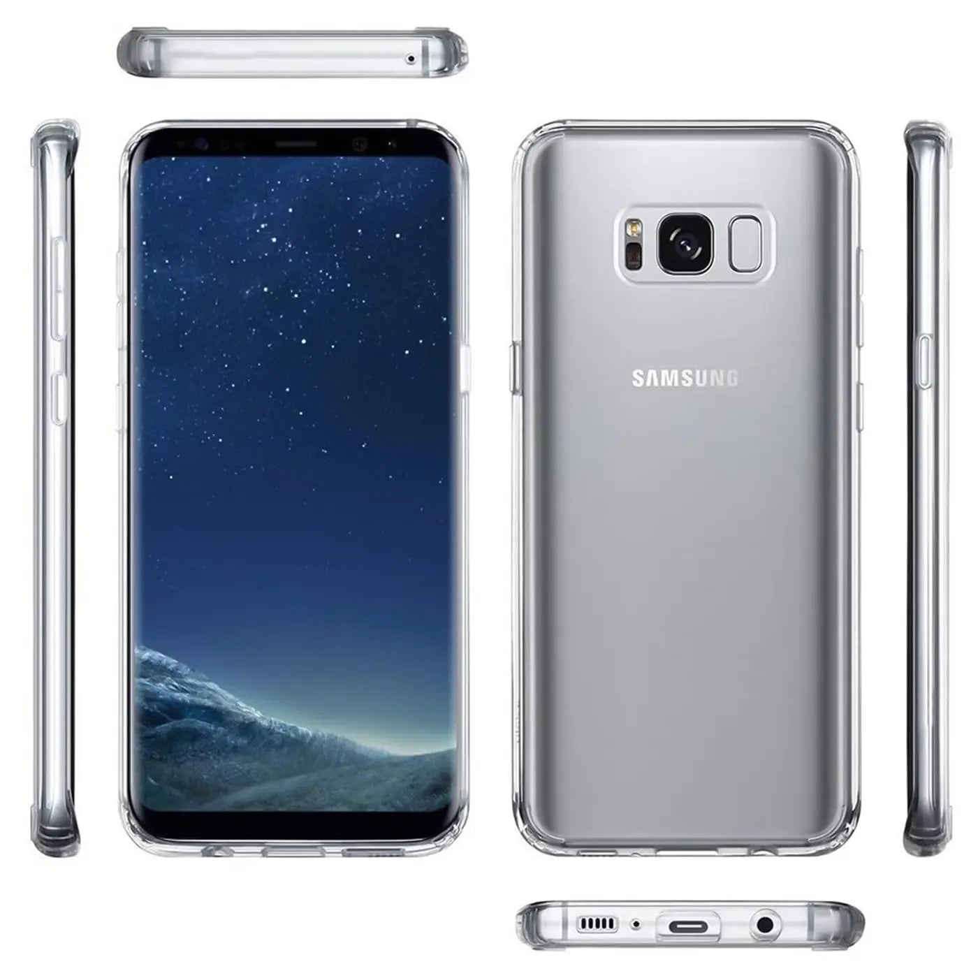 Samsung Galaxy S8 Plus in transparentem Slim Case, Vorder-, Rück-, Seiten- und Unteransicht.