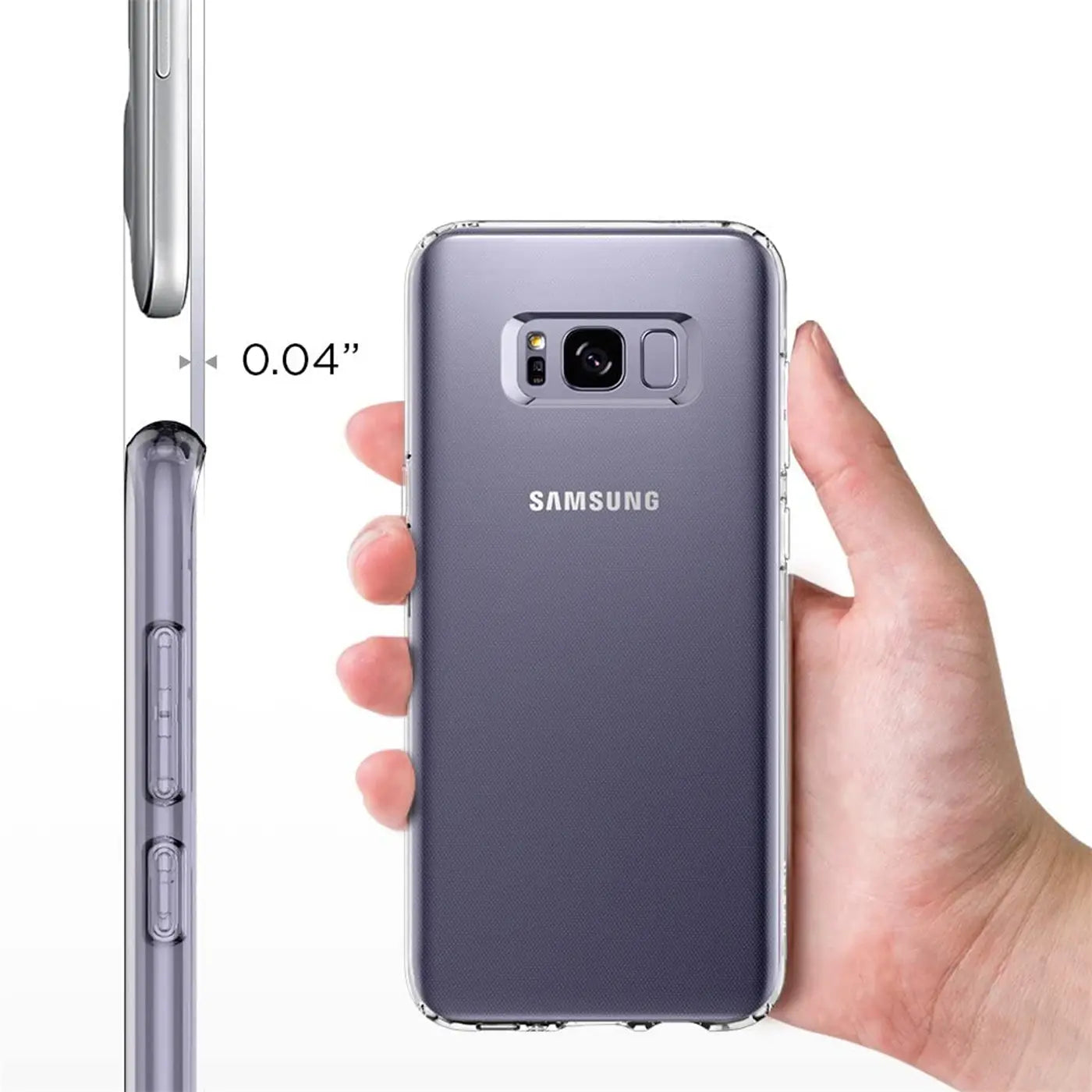 Samsung Galaxy S8 in durchsichtiger Hülle, von hinten/Seite gezeigt, mit Größenangabe.