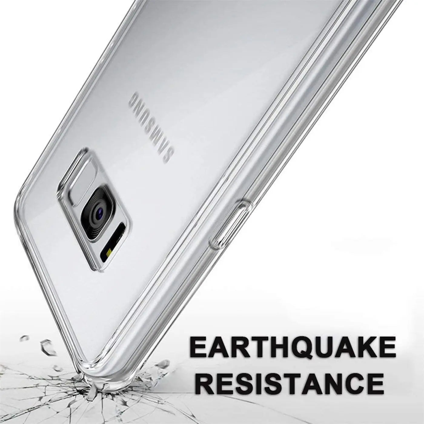 Klares, transparentes Samsung Galaxy S8 Case aus Kunststoff, Nahaufnahme von unten, zeigt Fallsimulation.