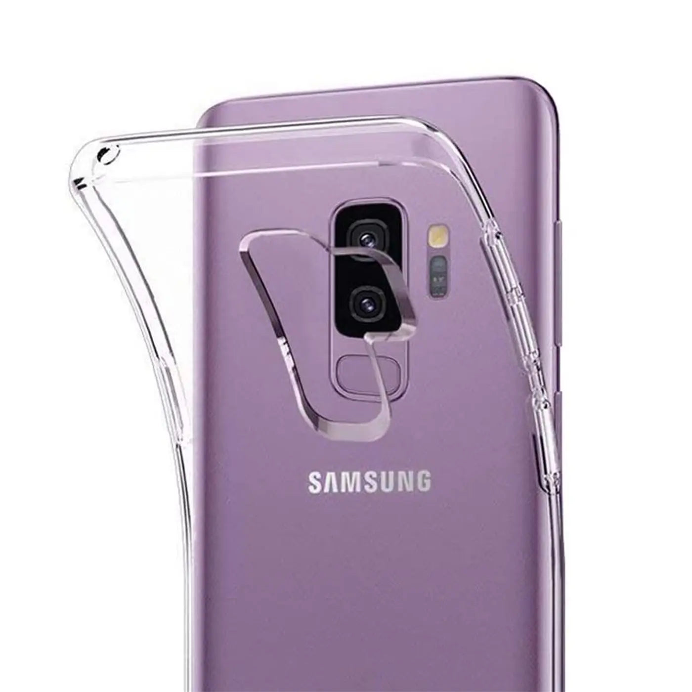 Klar, transparentes Slim Case auf lila Samsung Galaxy S9 Plus, Rückansicht.