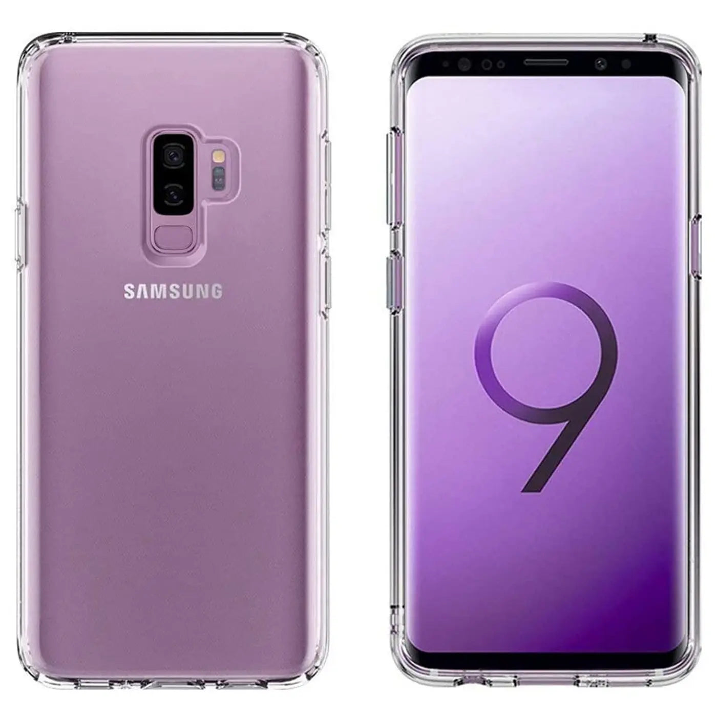 Samsung Galaxy S9 Plus in transparentem Silikoncase, Vorder- und Rückansicht.