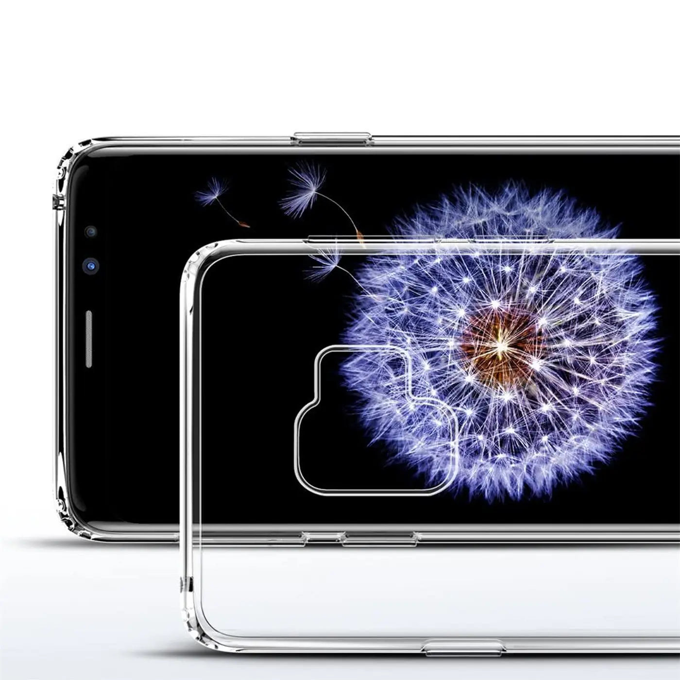 Klares Slim Case aus Kunststoff, Vorderansicht, zeigt Samsung Galaxy S9 Plus mit Pusteblumen-Hintergrund.