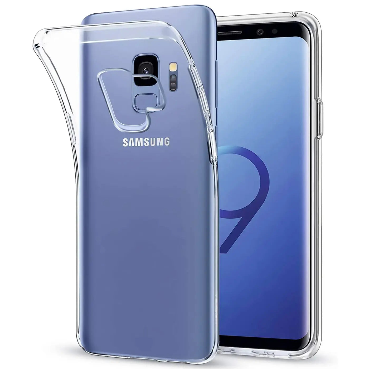 Klares Slim Case aus Kunststoff auf einem Samsung Galaxy S9, Rückseite und Vorderseite sichtbar.
