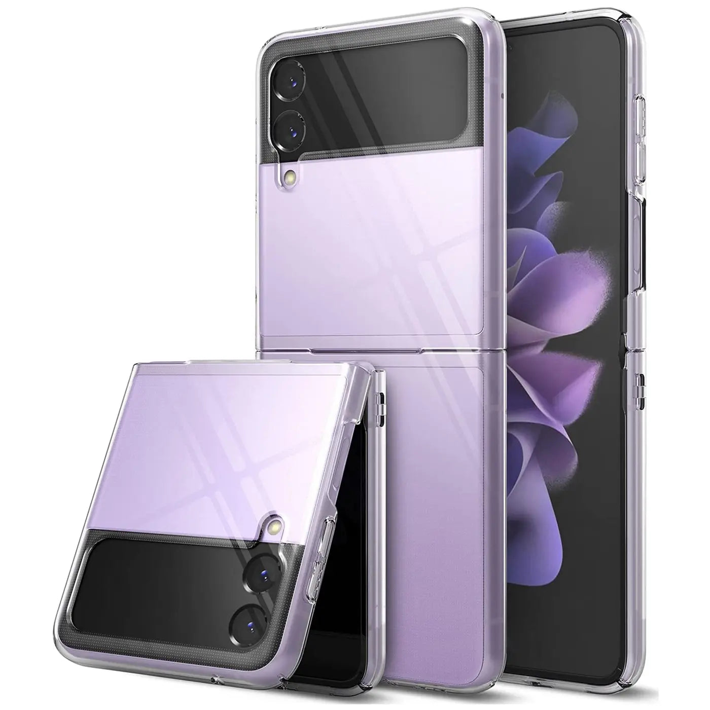 Samsung Galaxy Z Flip 3 in lila, durchsichtiges Hartplastik-Case, von vorne, zwei Ansichten