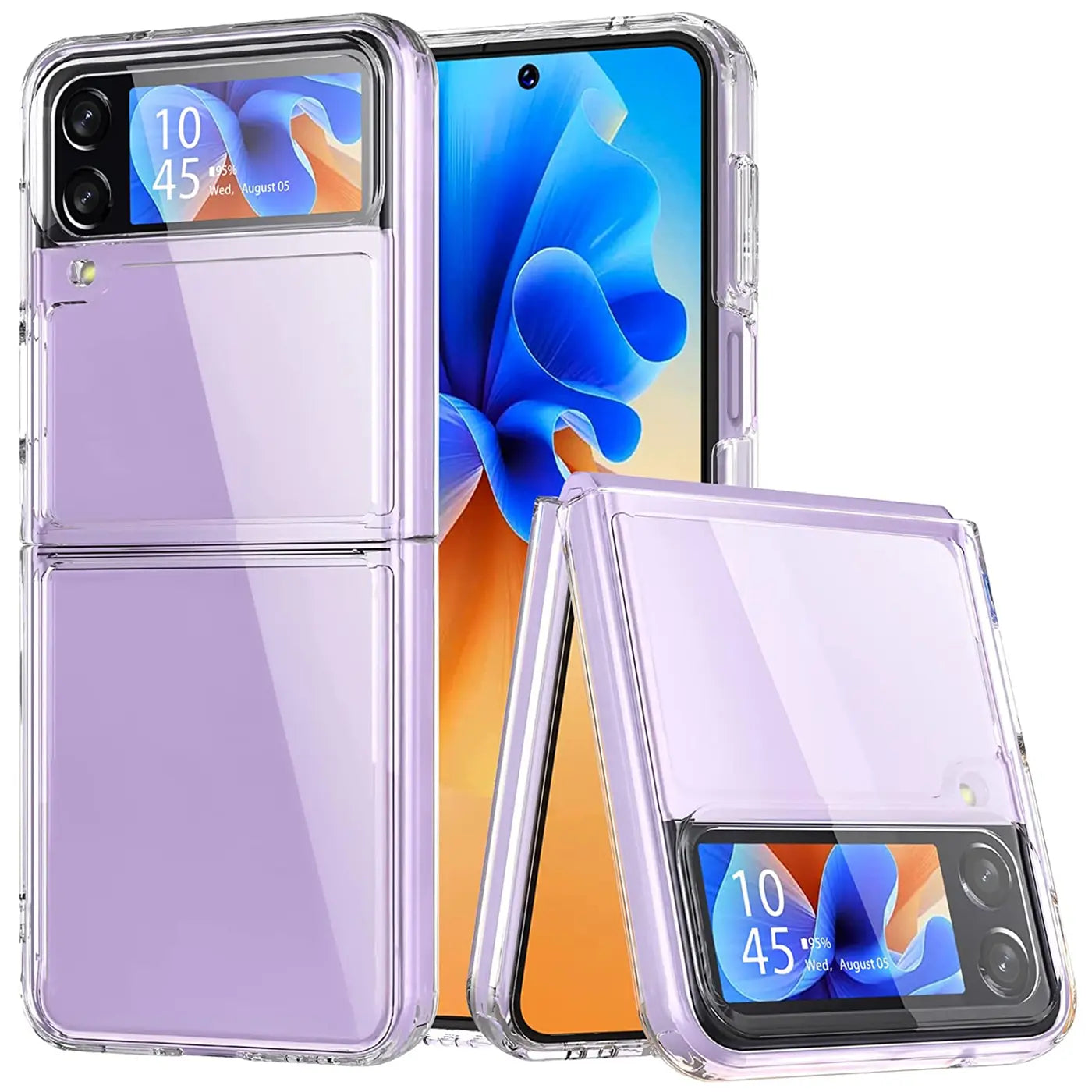 Lila durchsichtige Hülle aus Kunststoff für Samsung Galaxy Z Flip 4, frontal und seitlich gezeigt.