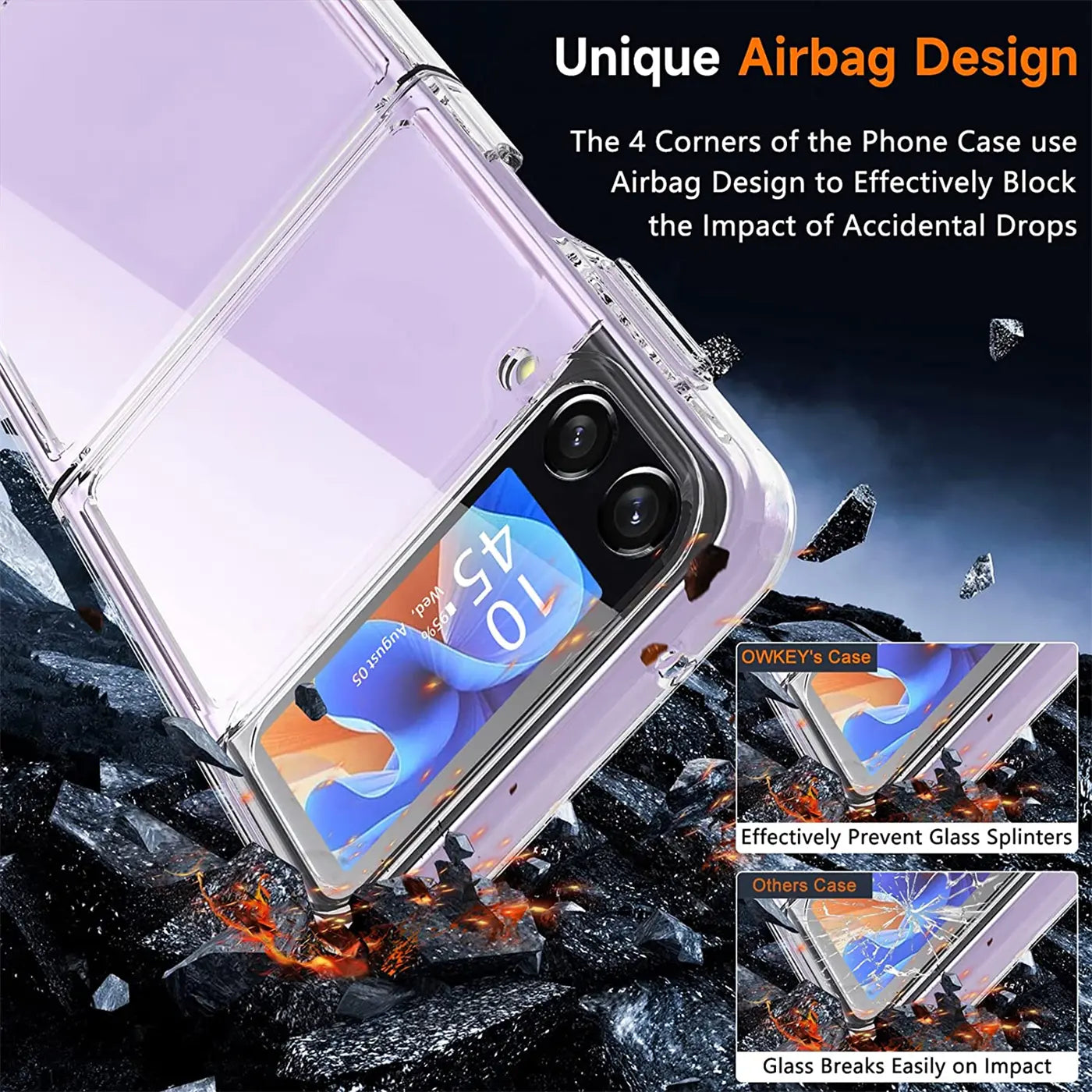Klar, durchsichtiges Case aus Kunststoff mit Samsung Galaxy Z Flip 4, von schräg oben.