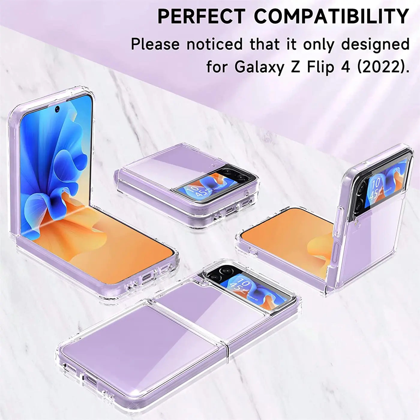 Lila, transparente Hülle aus Kunststoff für Samsung Galaxy Z Flip 4, verschiedene Ansichten.