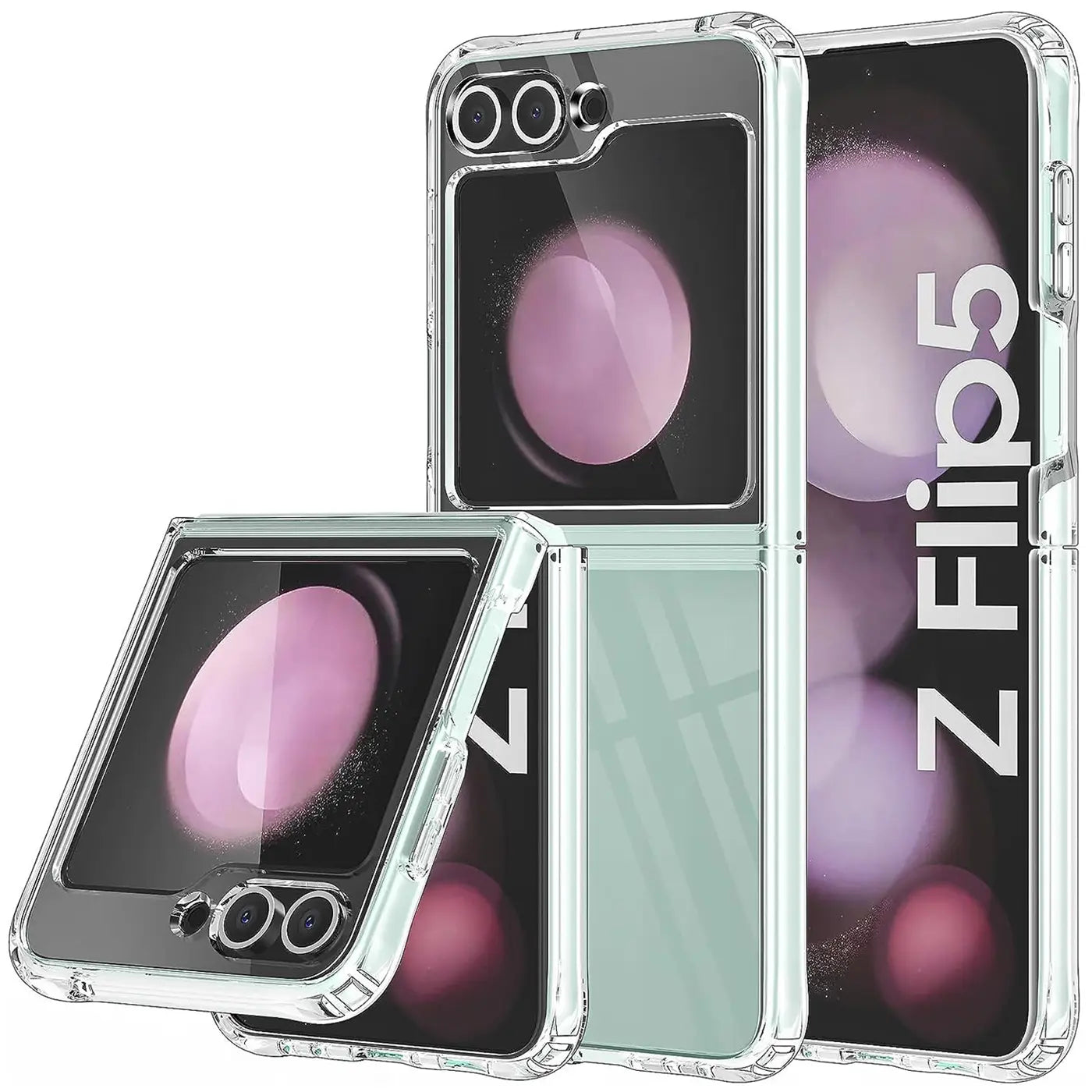 Samsung Galaxy Z Flip 5 in transparentem Case, von vorne und seitlich gezeigt.