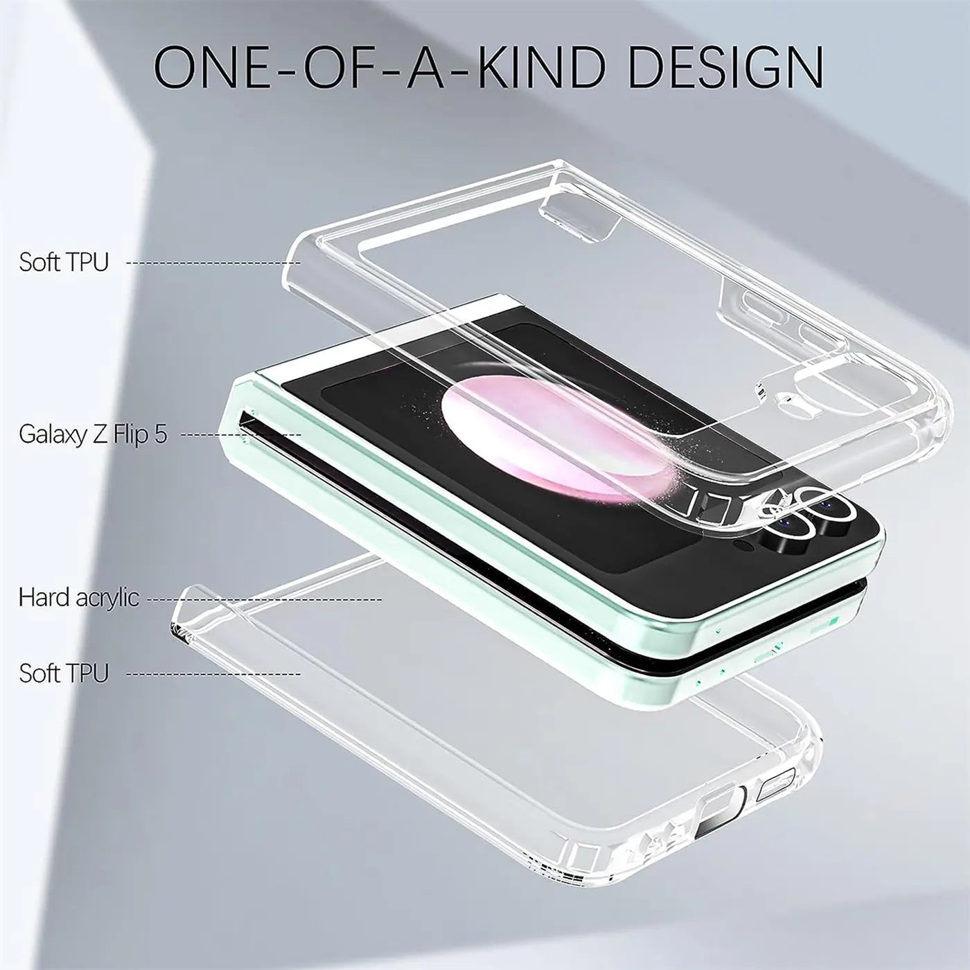 Samsung Galaxy Z Flip 5 in mintgrün, durchsichtiges TPU-Case, Explosionszeichnung