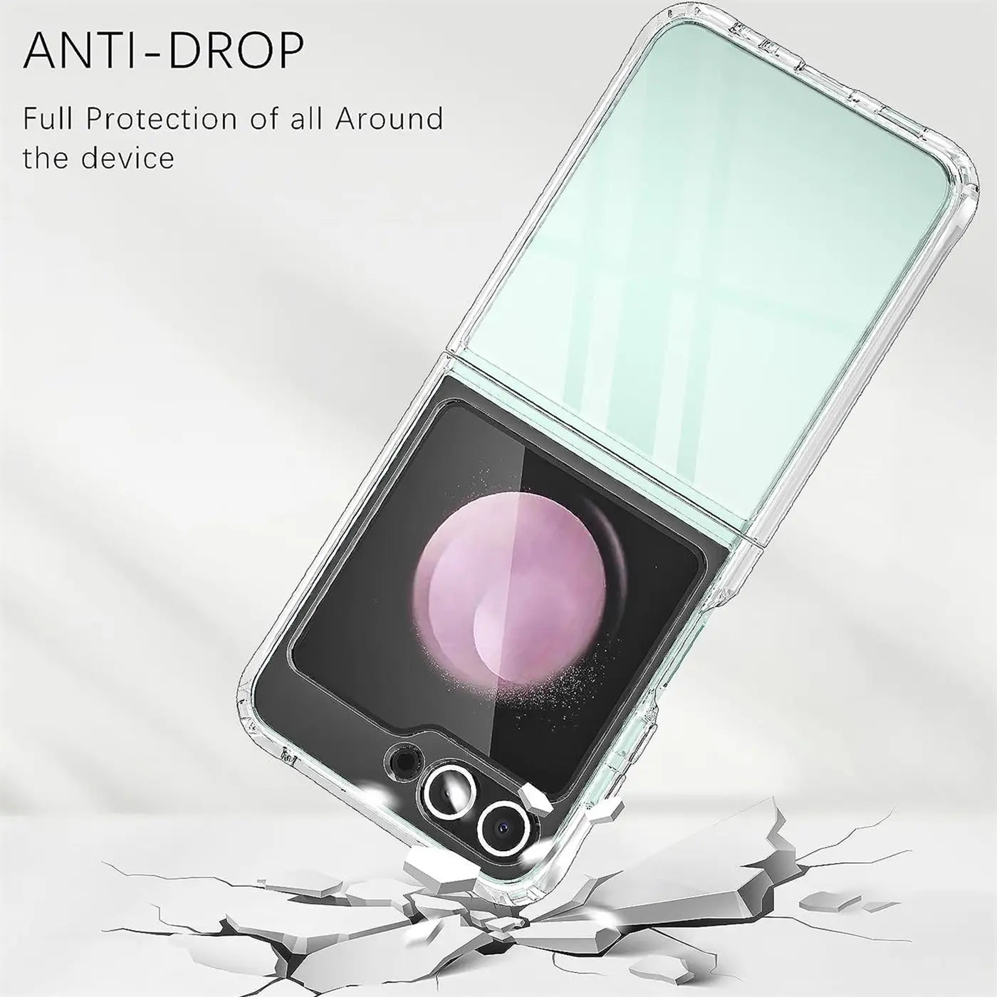 Klar, durchsichtiges Flip-Case für Samsung Galaxy Z Flip 5, schräg von vorne, auf zerbrochenem Boden.