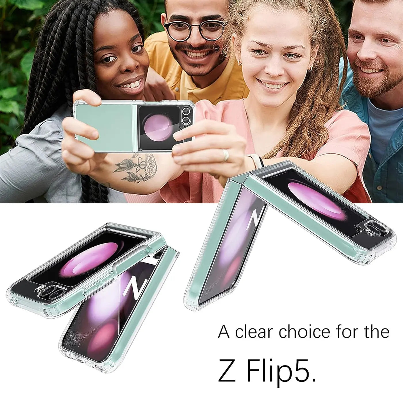 Samsung Galaxy Z Flip 5 Hülle, transparent, mintgrün, zwei Ansichten